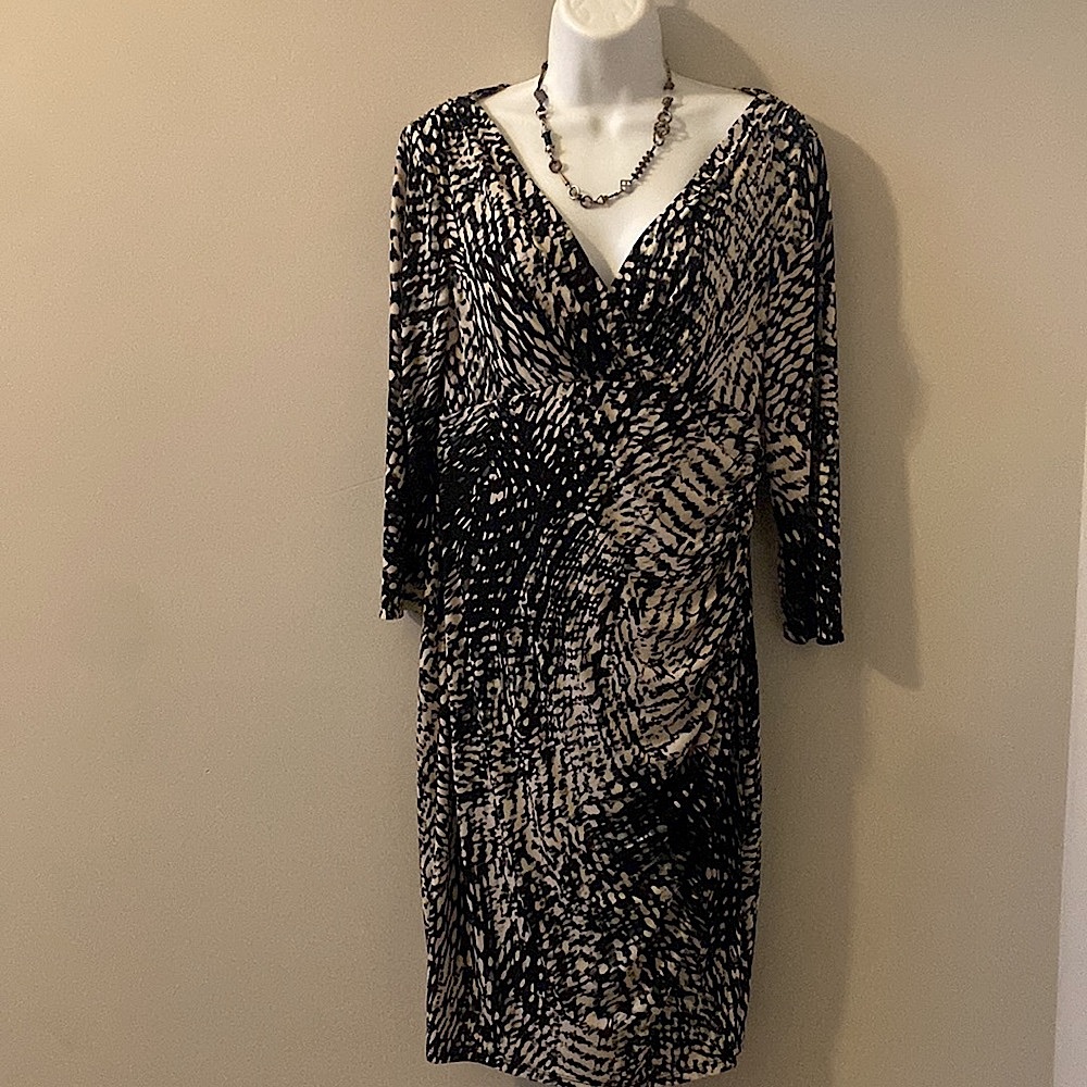 RALPH LAUREN Faux Wrap Front Dress, Size 12, Black/Beige Abstract Print